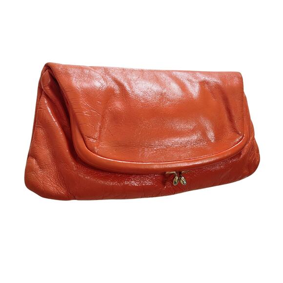 1950s Ingber Orange Genuine Leather Fold Over Clutch Handbag Gold Kiss Closure - Picture 1 of 8